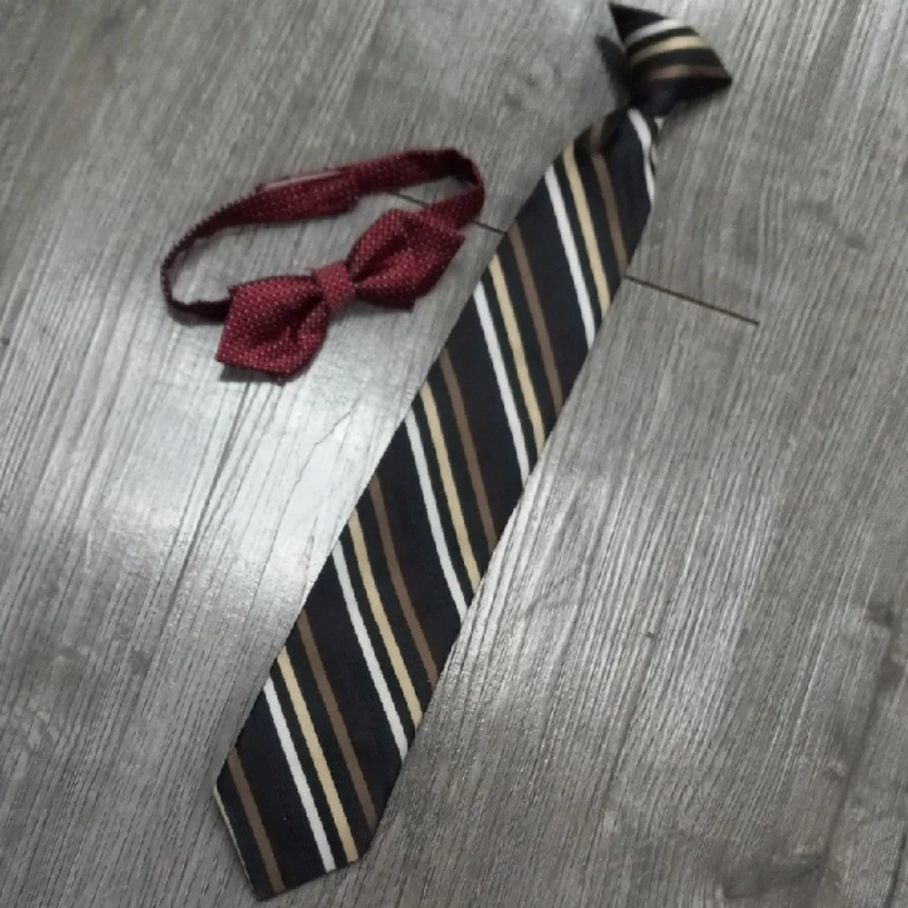 Striped Black and Brown Tie with Red Bow Tie